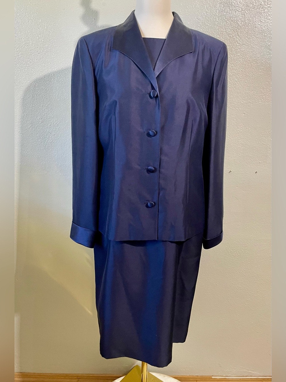 Silk Shantung Jacket Sheath Dress Set Navy Sz 12 Career Elegant Talbots Timeless